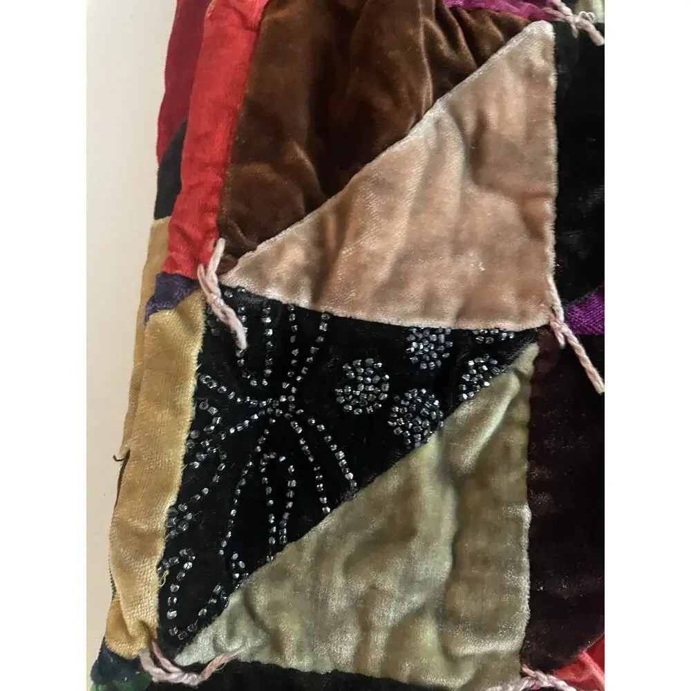 Vintage 70s Velvet Patchwork Hippie Boho Quilt Bedspread Blanket Full Sz 86”x82”